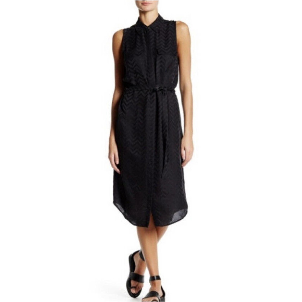 Equipment Black Jacquard Chevron Pattern Hi-Low Silk Dress Medium Career L23
